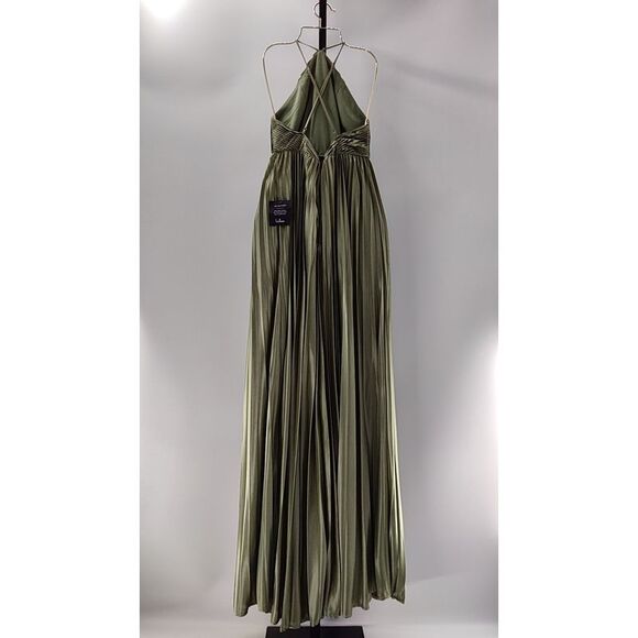 Lulus Women Elaborate Charm Satin Pleated Backless Maxi Dress Green XS - Picture 2 of 2